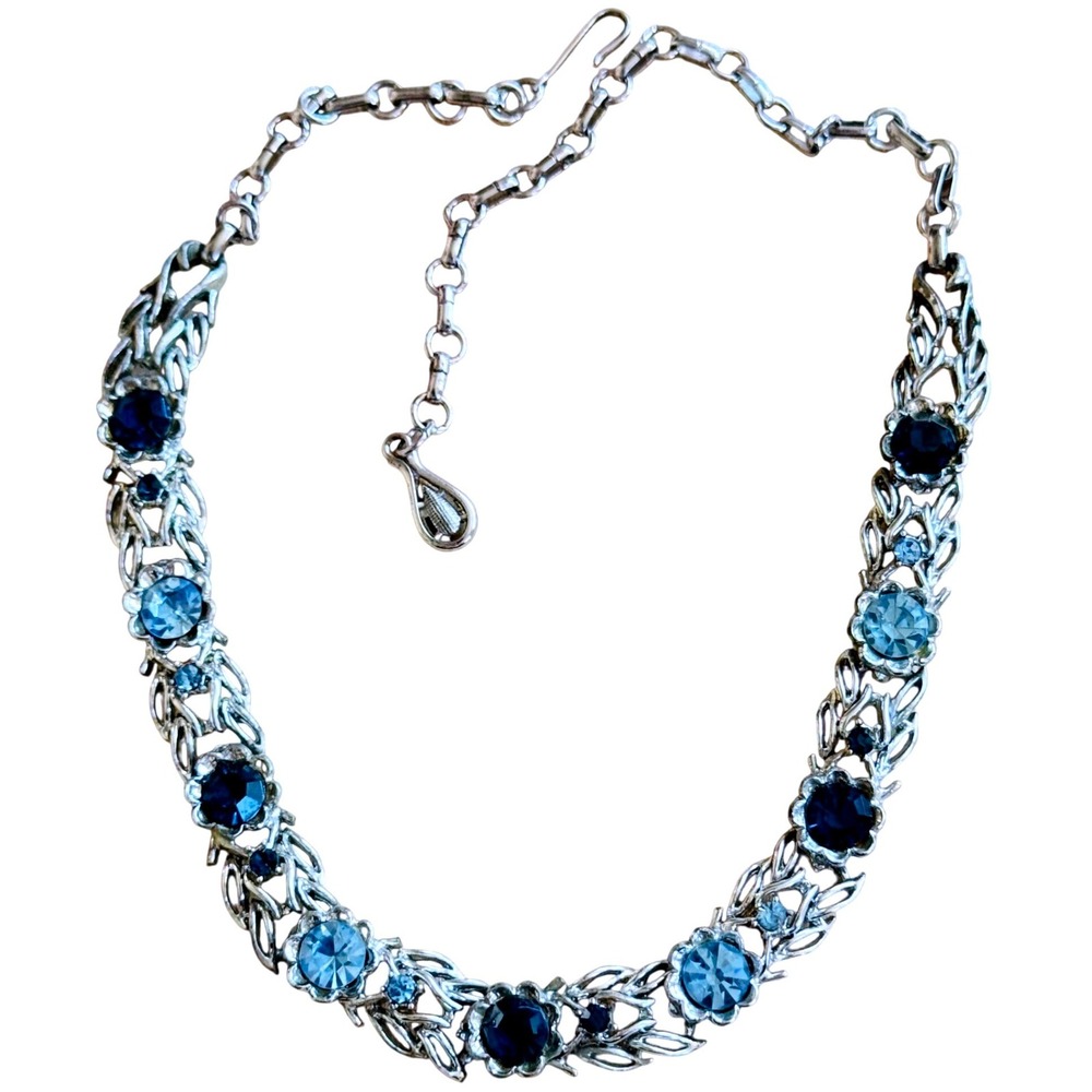 Flower Jeweled Necklace VTG Coro blue Crystal Rhinestone Silver choker 50s 17"